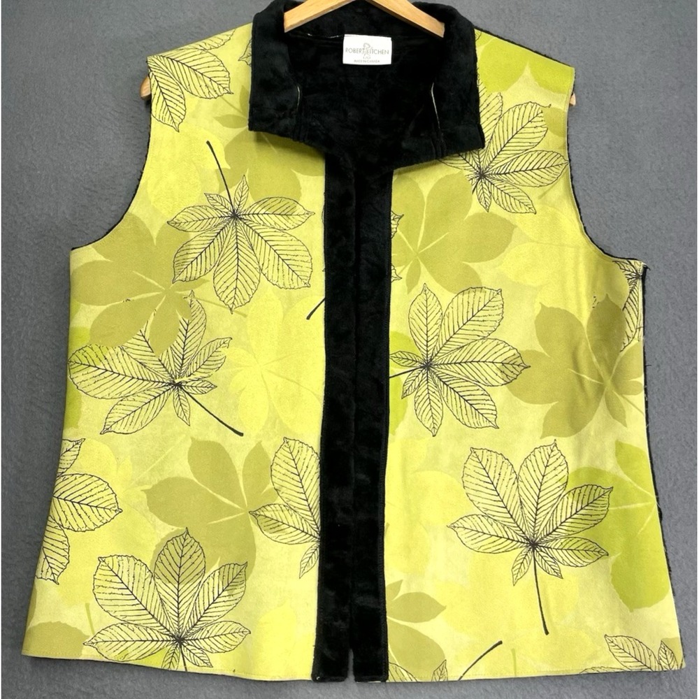 Robert Kitchen Sueded Vest Reversible Sz M Faux Fur Nature Leaves Canada Stretch